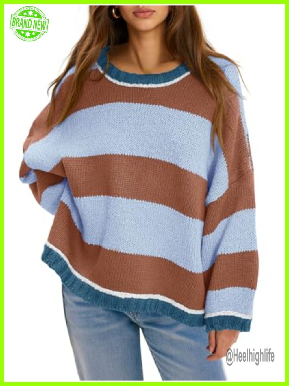 Oversized Striped Color Block Crewneck Knit Pullover Sweater